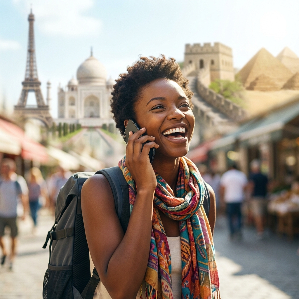 Happy tourist on call